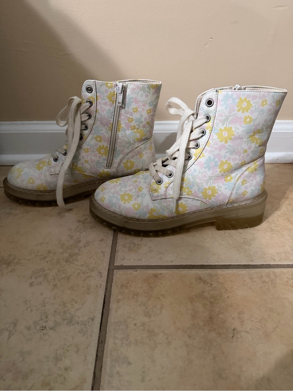 Floral Lace-Up Combat Boots - White with Yellow & Pink Flowers